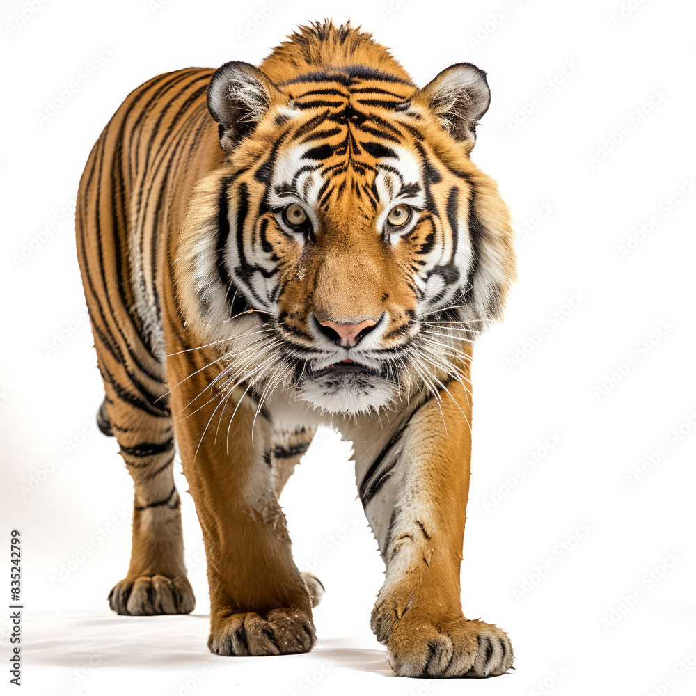 Fototapeta premium Prächtiger Tiger, freigestellt vor weißem Hintergrund, Generative AI