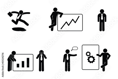 icon set, businessman making a presentation, stick figure, people isolated silhouettes, man pictogram