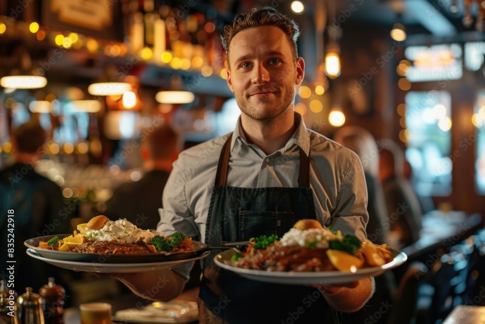 A person holding two plates of food in a restaurant setting, suitable for use in stock photography related to dining, meal preparation, and hospitality