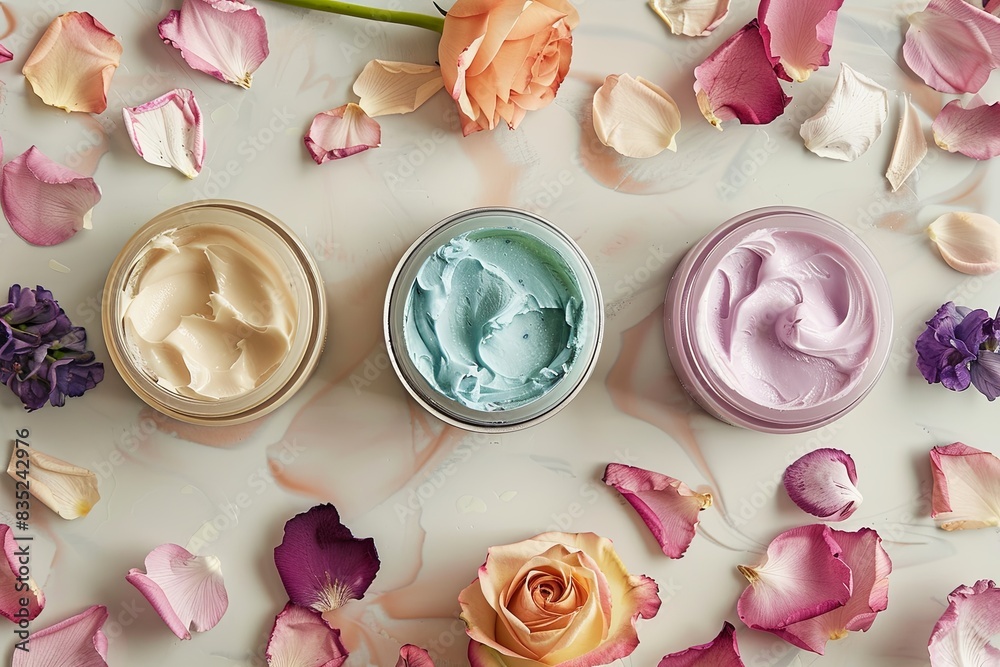 Three face masks in jars, surrounded by flower petals, on a light background. Generative AI Three face masks in jars, surrounded by flower petals, on a light background. Generative AI