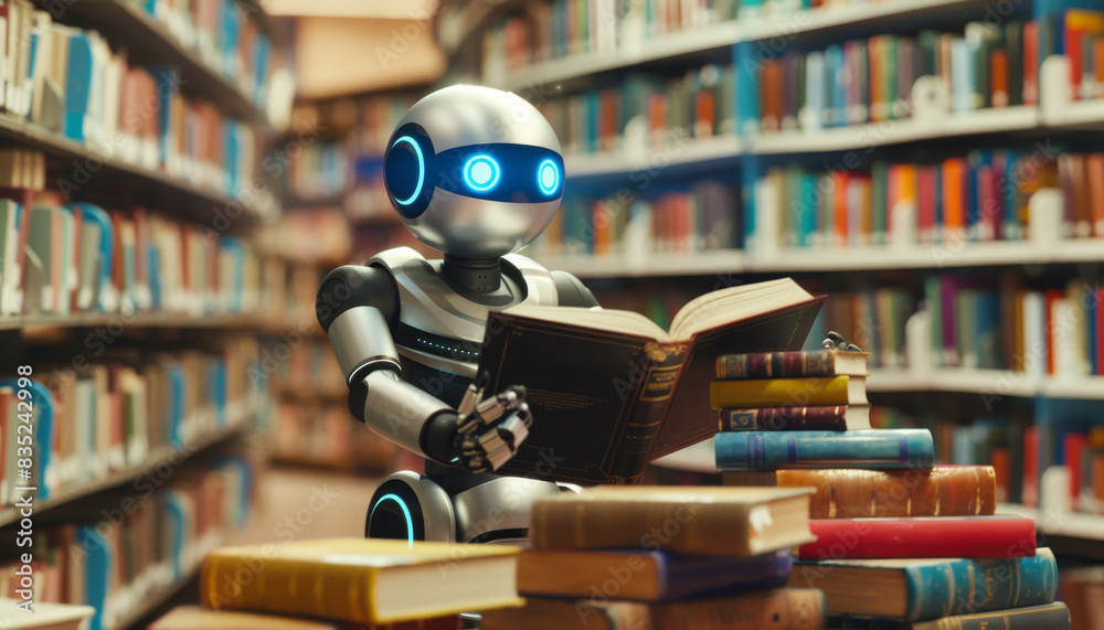AI robot reading books in library, Concept of knowledge and learning by AI generated image AI robot reading books in library, Concept of knowledge and learning by AI generated image