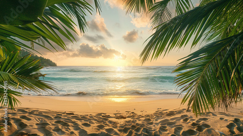 A serene tropical beach at sunrise  with golden sands and turquoise waters  framed by palm trees.