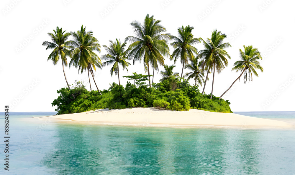 Obraz premium Serene Tropical Island Oasis with Lush Palm Trees and Calm Waters