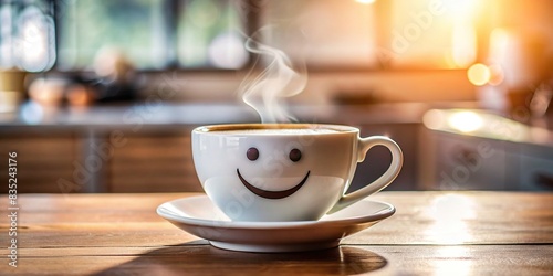 A white cup of hot coffee smiling and dancing on a kitchen table, creating a positive mood for the day, Coffee, cup, hot, drink, kitchen, table, smiling, dancing, positive, mood, morning photo