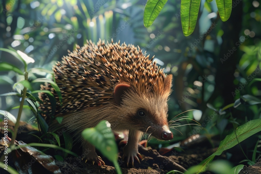 Fototapeta premium A small hedgehog walks through the forest floor, surrounded by tall trees and dense foliage