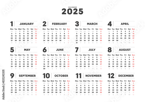2025年のシンプルなデザインの年間カレンダー - 月曜始まり･12ヶ月･1年分の暦 - A判比率