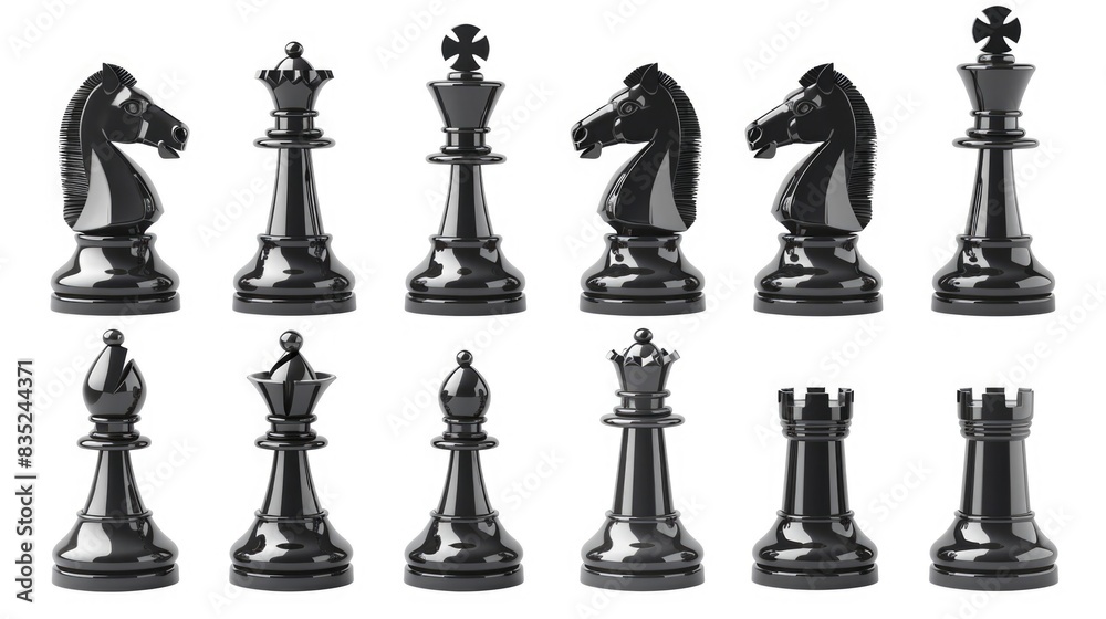 A collection of chess pieces arranged on a plain white background A collection of chess pieces arranged on a plain white background