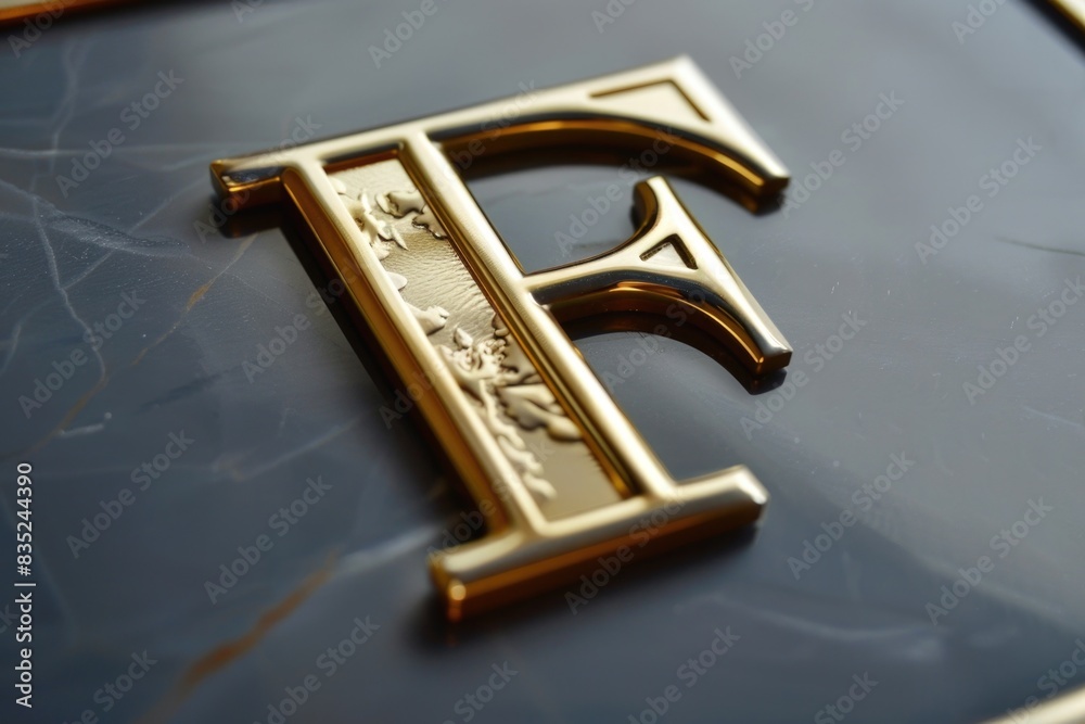 Close-up shot of a golden letter sitting on a blue surface, providing a sense of luxury and elegance Close-up shot of a golden letter sitting on a blue surface, providing a sense of luxury and elegance