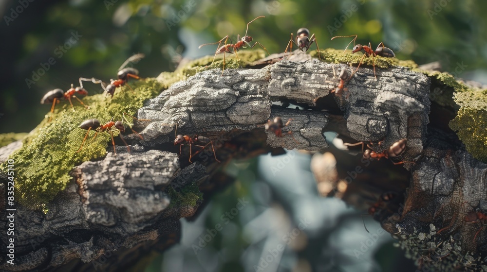 A close-up shot of ants crawling on a piece of wood A close-up shot of ants crawling on a piece of wood
