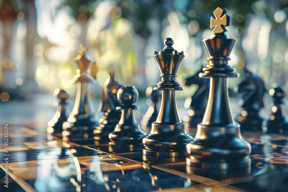 Group of chess pieces sitting on a traditional chess board, ideal for illustrations and designs related to strategy games, competitions, and intellectual pursuits Group of chess pieces sitting on a traditional chess board, ideal for illustrations and designs related to strategy games, competitions, and intellectual pursuits