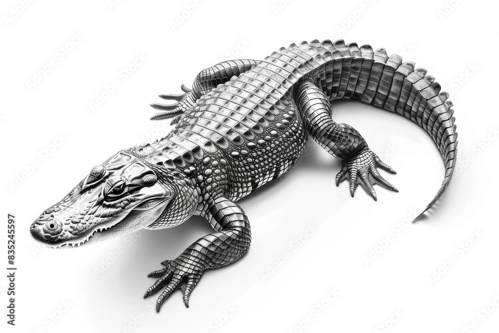 Naklejka premium A large metal alligator sits atop a white surface