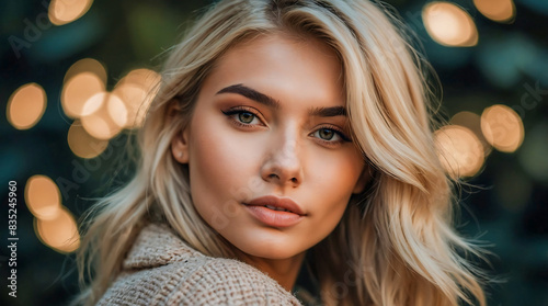 Stunning portrait of a beautiful woman influencer and model with blonde hair highlights