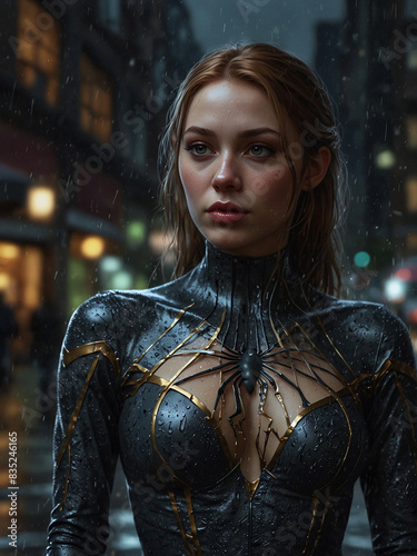 Woman in superhero costume standing in the rain on a city street at night