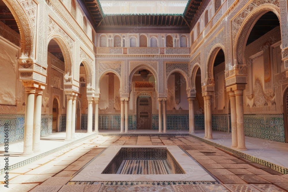 Obraz premium A tranquil courtyard with a pool and columns, suitable for use as a background or design element