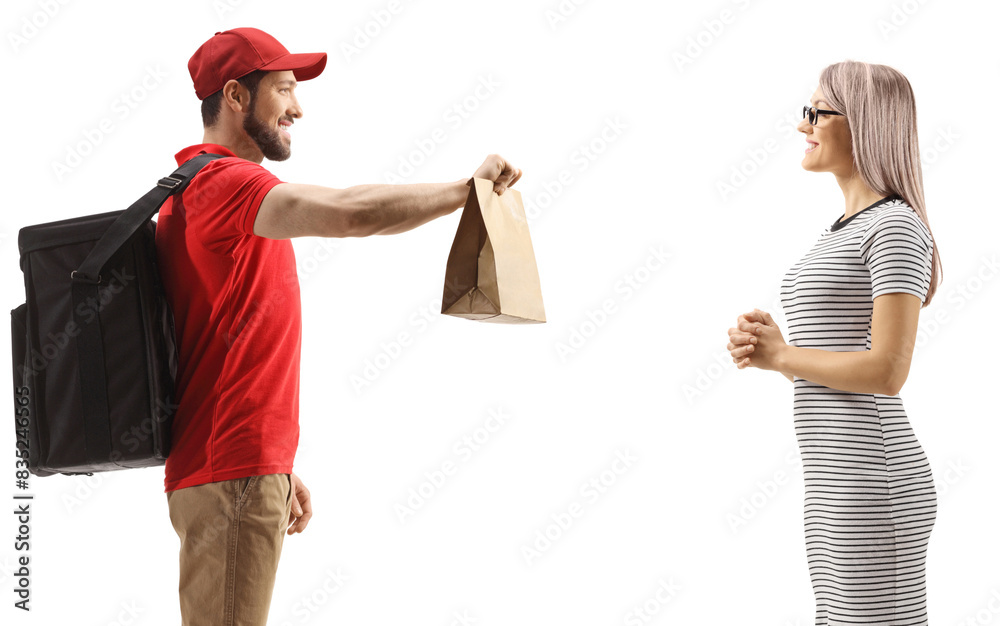 Guy delivering a food to a young woman Guy delivering a food to a young woman