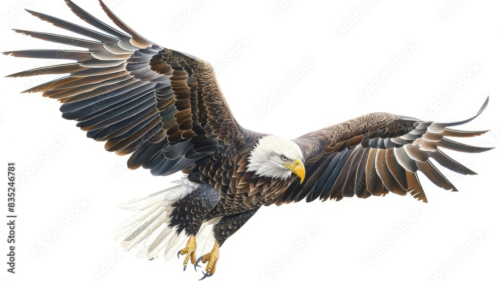 Obraz premium A bald eagle soaring through the air with its wings spread wide