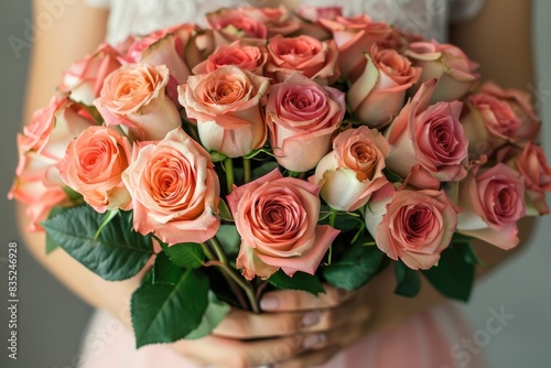 woman hands gently holding a lavish bouquet of roses