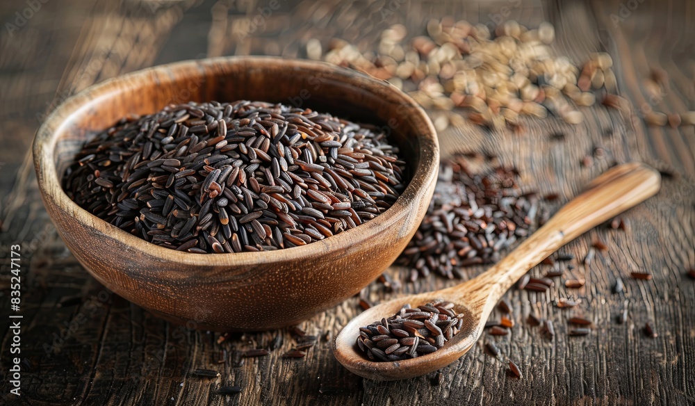 Organic wild black rice in a wooden bowl and spoon on a rustic tabletop Organic wild black rice in a wooden bowl and spoon on a rustic tabletop