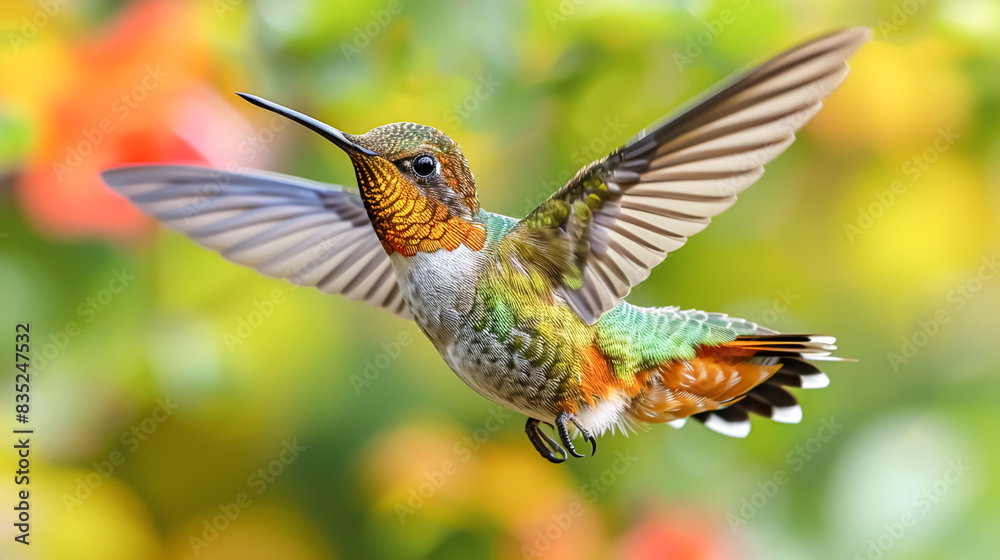 Fototapeta premium A detailed close-up of a hummingbird in flight, showcasing its delicate wings and bright colors, isolated on a white background in 4K quality