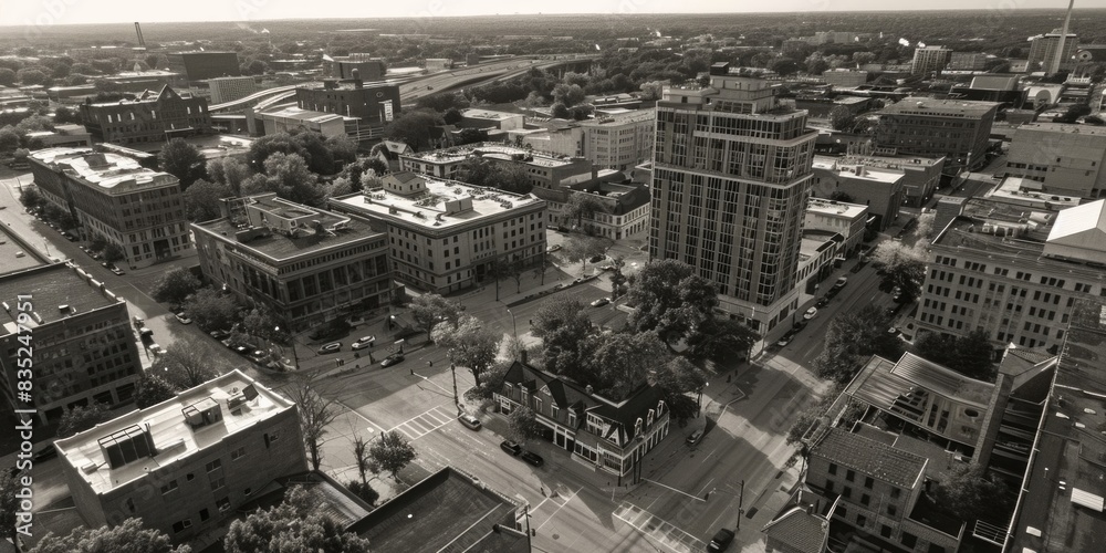 A black and white photo of a city street with buildings and streets