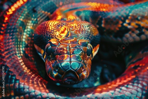 A close-up shot of a colorful snake's head with intricate details and patterns