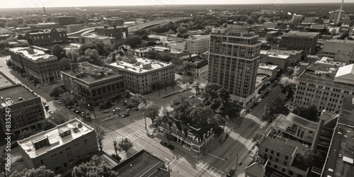 A black and white photo of a city street with buildings and streets