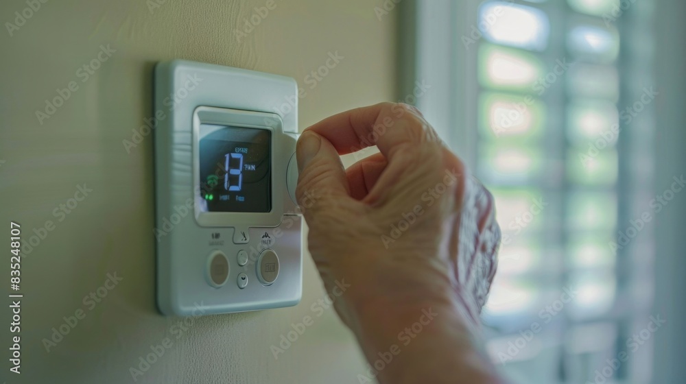 A person adjusts the thermostat on a wall, providing a clear view of the device and its surroundings A person adjusts the thermostat on a wall, providing a clear view of the device and its surroundings