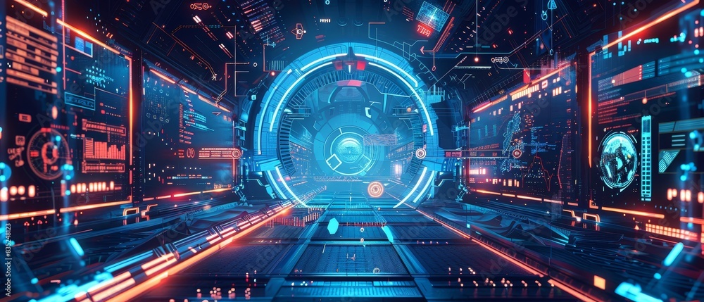 Fototapeta premium Modern Technology Concept : Futuristic digital tech architecture abstract blue hi tech theme for davertising or game artwork.