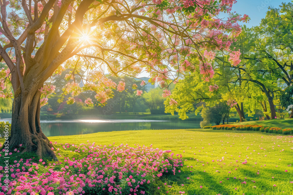 Pink flowers and tree in the park, Beautiful view. Created with Ai