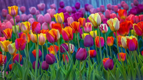 A vibrant depiction of a field of tulips in full bloom, with flowers of every conceivable color.