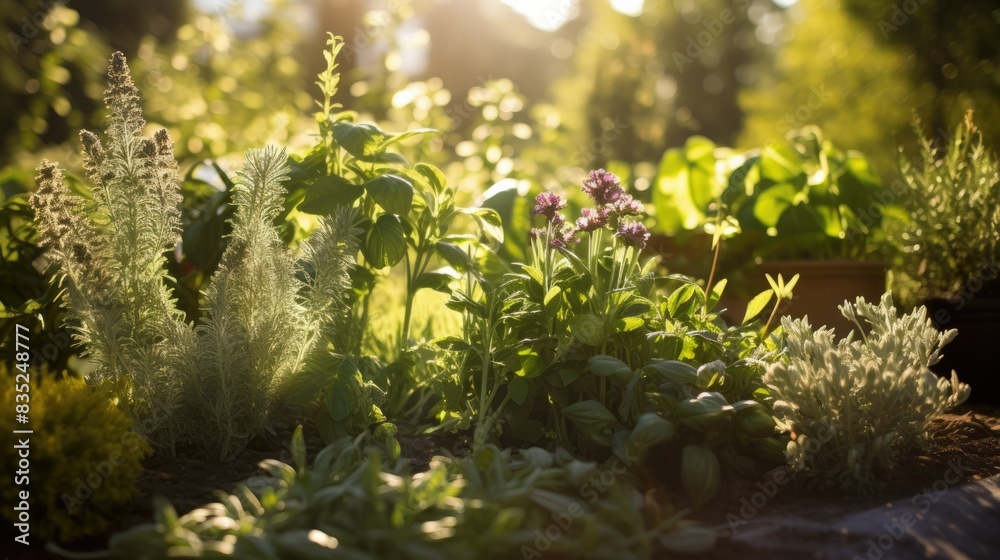 Obraz premium Photograph of a close-up view of a lush herb garden, capturing the intricate details of various medicinal herbs, their leaves, flowers, and stems, bathed in soft sunlight. 