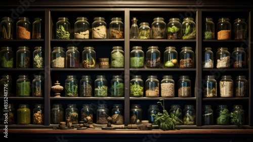 Photograph of a close-up view of a herbal apothecary's shelves, filled with meticulously labeled jars and containers of various medicinal herbs, exuding an aura of knowledge and expertise.