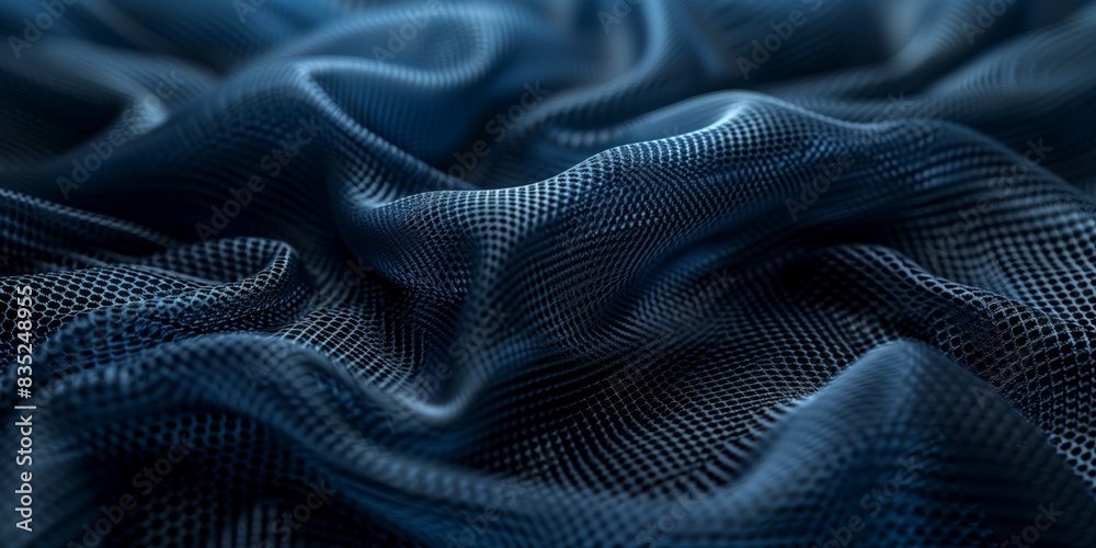 Background texture of dark blue and black mesh fabric creating a hyper-realistic pattern perfect for design or textile applications. Background texture of dark blue and black mesh fabric creating a hyper-realistic pattern perfect for design or textile applications.