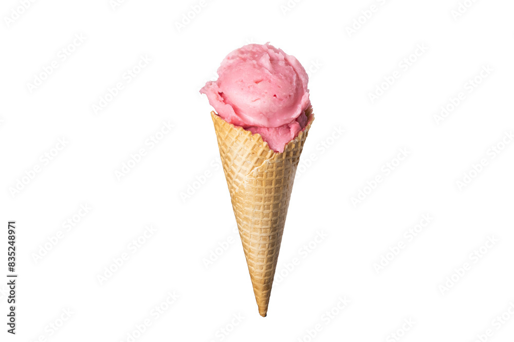 Strawberry pink ice cream waffle cone on white or transparent png background isolated food photo