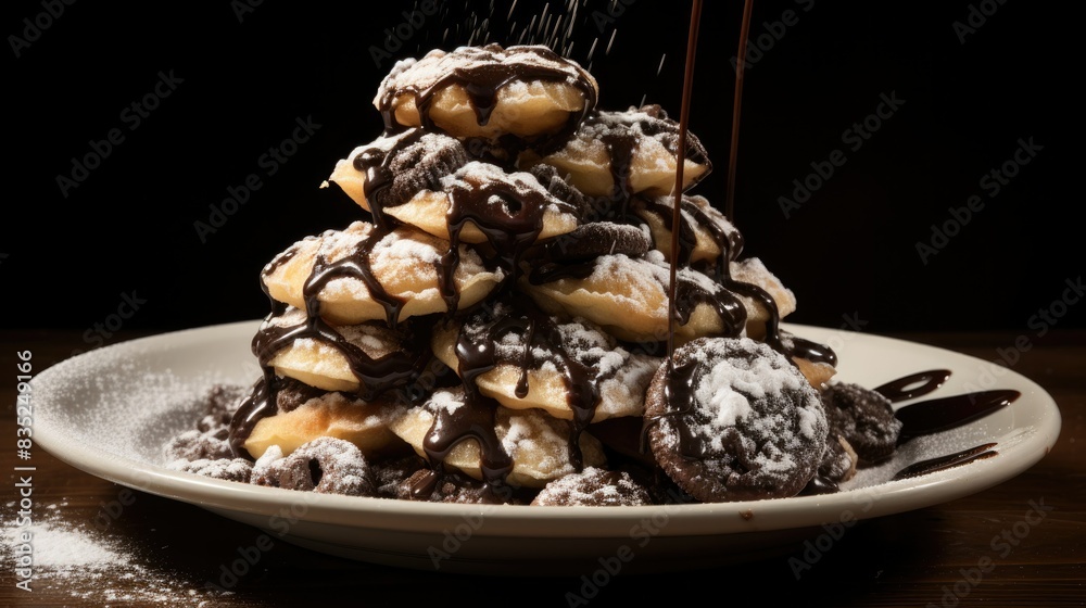 Photograph of a mountain of deep-fried Oreos, dusted with powdered sugar and drizzled with chocolate syrup