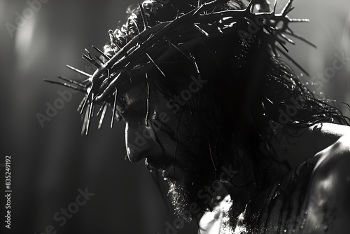 Monochrome image of a solemn figure wearing a crown of thorns, depicting deep emotion and significance. Ideal for religious and emotional projects. Realistic Powerful feelings. Generative AI photo
