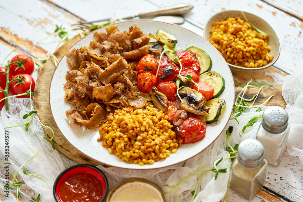 Delicious Sliced Beef With Roasted Vegetables And Groats