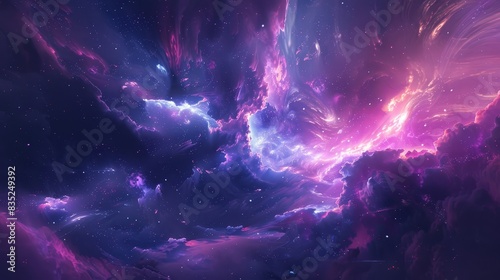 Ethereal cosmic landscape featuring billowing streams of ionized plasma,shimmering celestial apparitions,and primal energy fields against a backdrop of distant nebular formations. Conceptual evoking photo