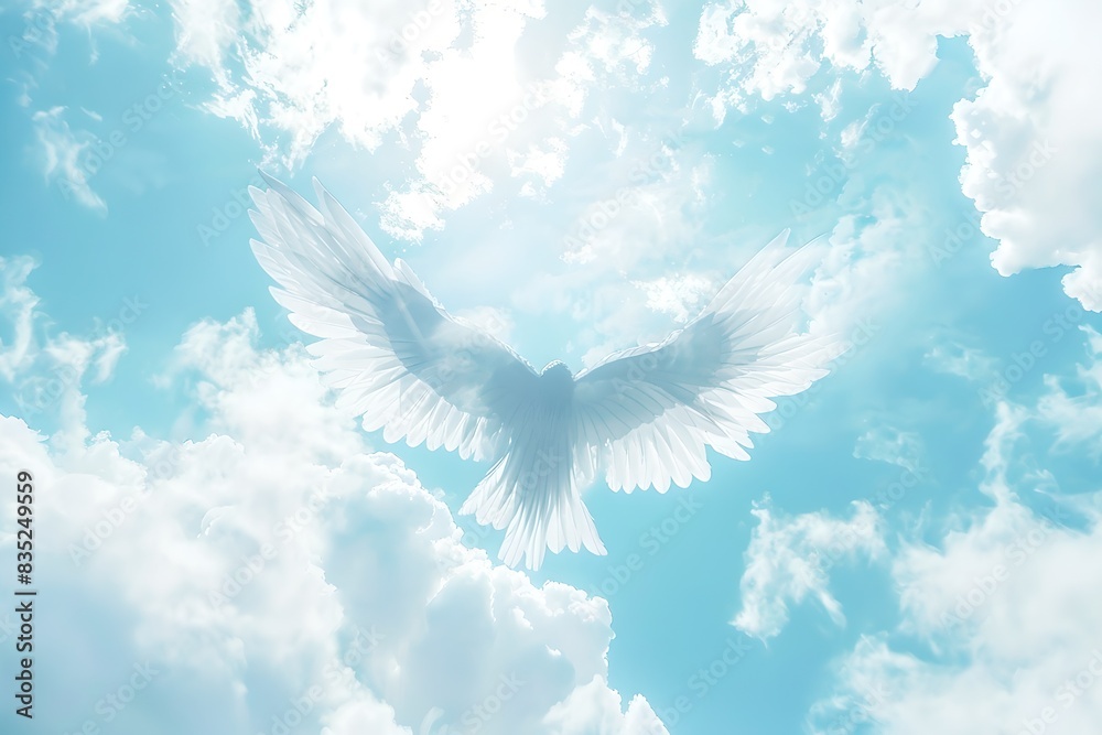 Majestic bird spreads wings in the sky. Bright sun and clouds surround the scene. Perfect for inspirational content. Representing freedom and peace. Generative AI Majestic bird spreads wings in the sky. Bright sun and clouds surround the scene. Perfect for inspirational content. Representing freedom and peace. Generative AI