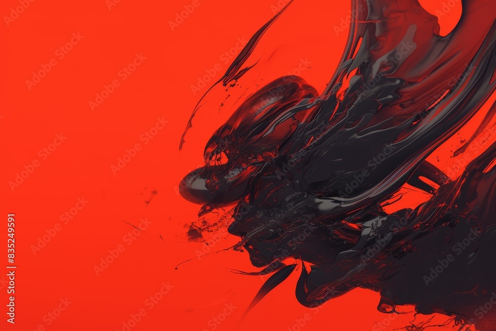 Vibrant red liquid motion with black abstract shapes and details
