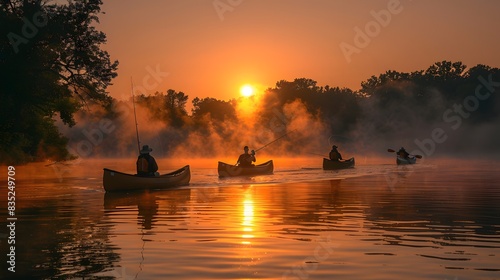 Sunrise fishing: Friends in canoes, casting quietly.