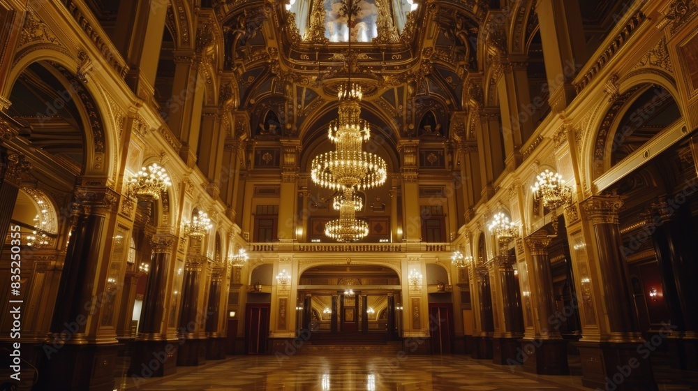 A luxurious ballroom with a grand chandelier and multiple smaller ones, perfect for formal events or upscale settings A luxurious ballroom with a grand chandelier and multiple smaller ones, perfect for formal events or upscale settings
