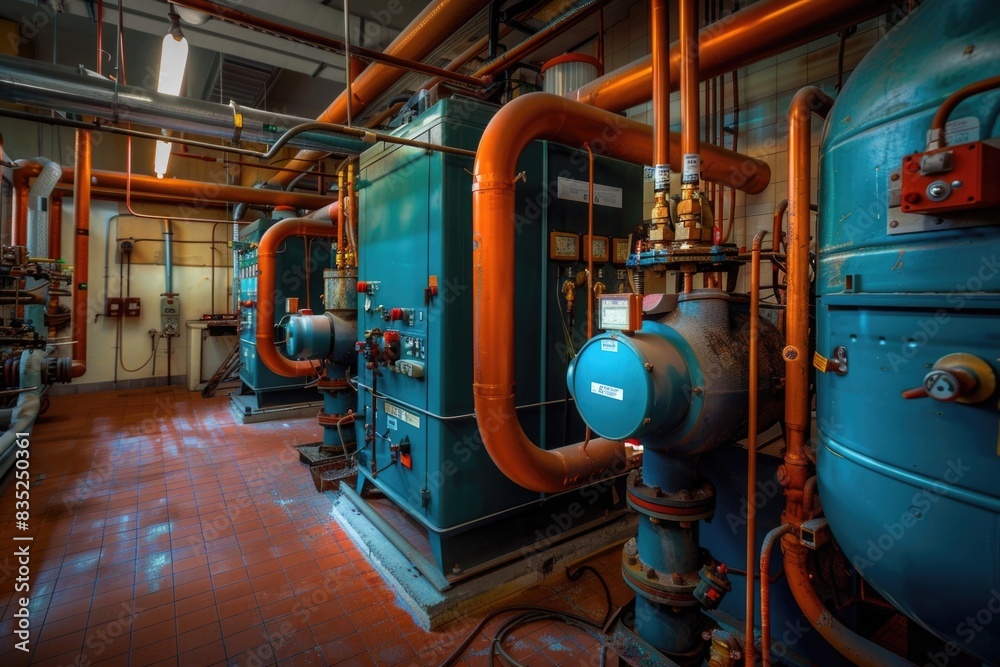 A room filled with various industrial pipes and valves, potential for use in industrial or technical settings A room filled with various industrial pipes and valves, potential for use in industrial or technical settings
