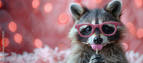 A cute raccoon Wear glasses, holding a lollipop on a pastel pink background, copy space wild life background banner