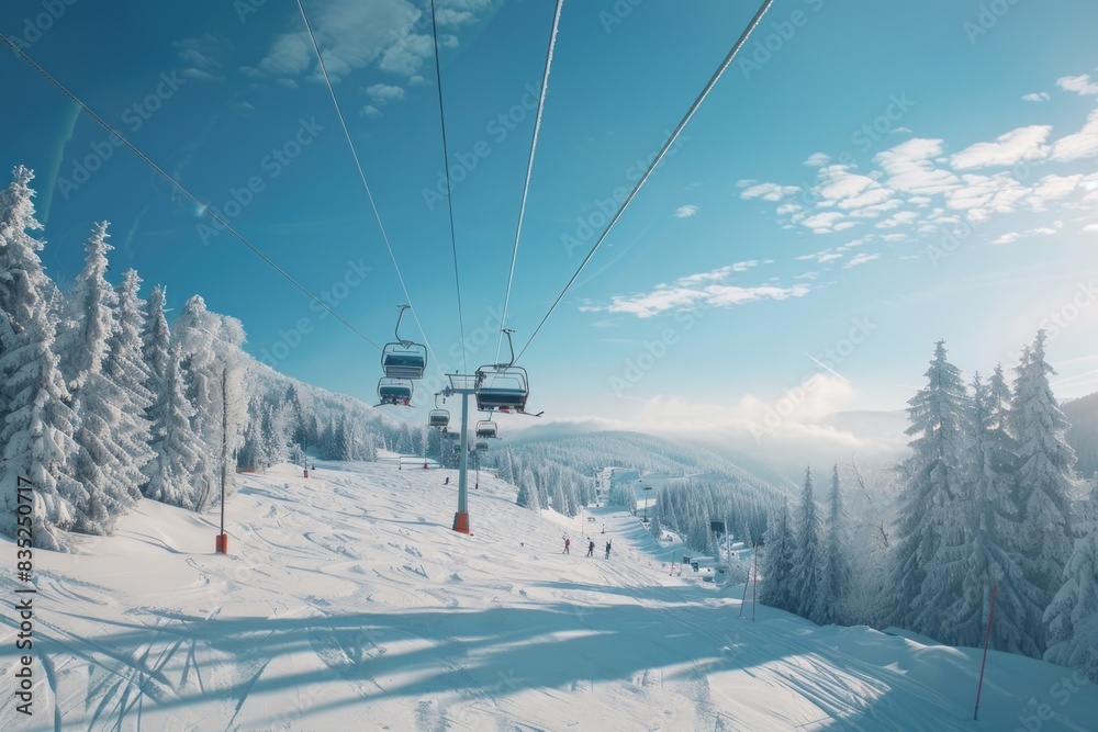 A ski lift climbing up a snow-covered mountain, perfect for winter sports and adventure scenes A ski lift climbing up a snow-covered mountain, perfect for winter sports and adventure scenes