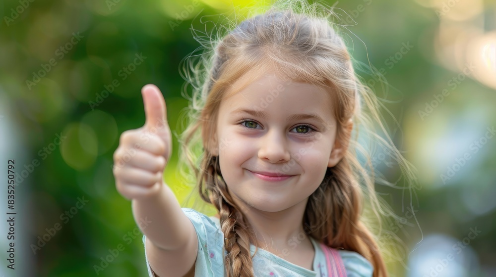 Young girl demonstrating thumbs up signal Young girl demonstrating thumbs up signal