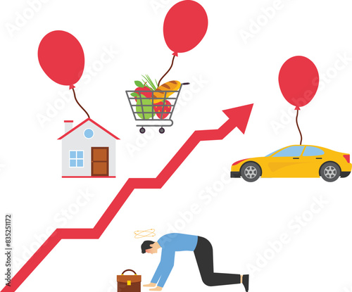 Inflation, growth of price. Shopping basket with foods, house, car, savings tied by air balloon.Man feels depression

 photo