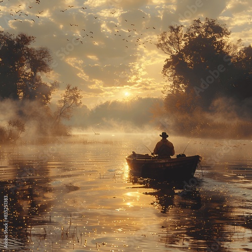 Fishing at sunrise: Nature's quiet symphony.