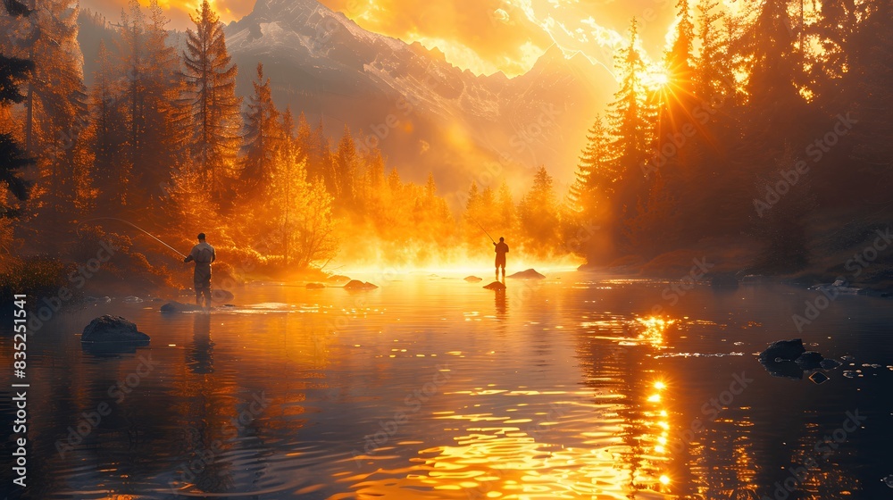 Angler's tranquil dawn: Silent river journey. Angler's tranquil dawn: Silent river journey.