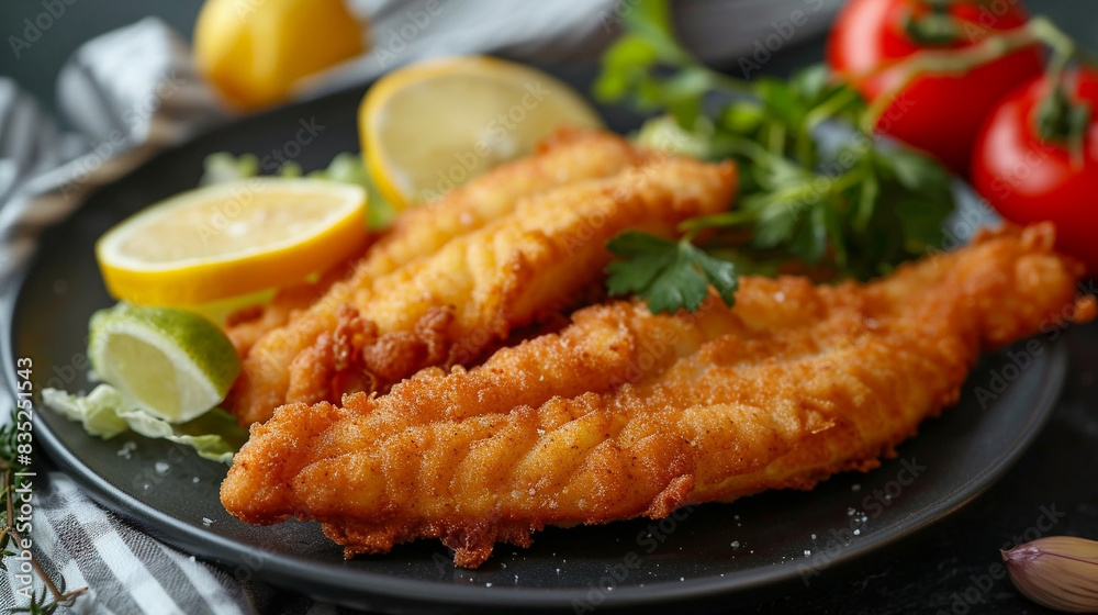 A plate of fried fish with lemon on it A plate of fried fish with lemon on it